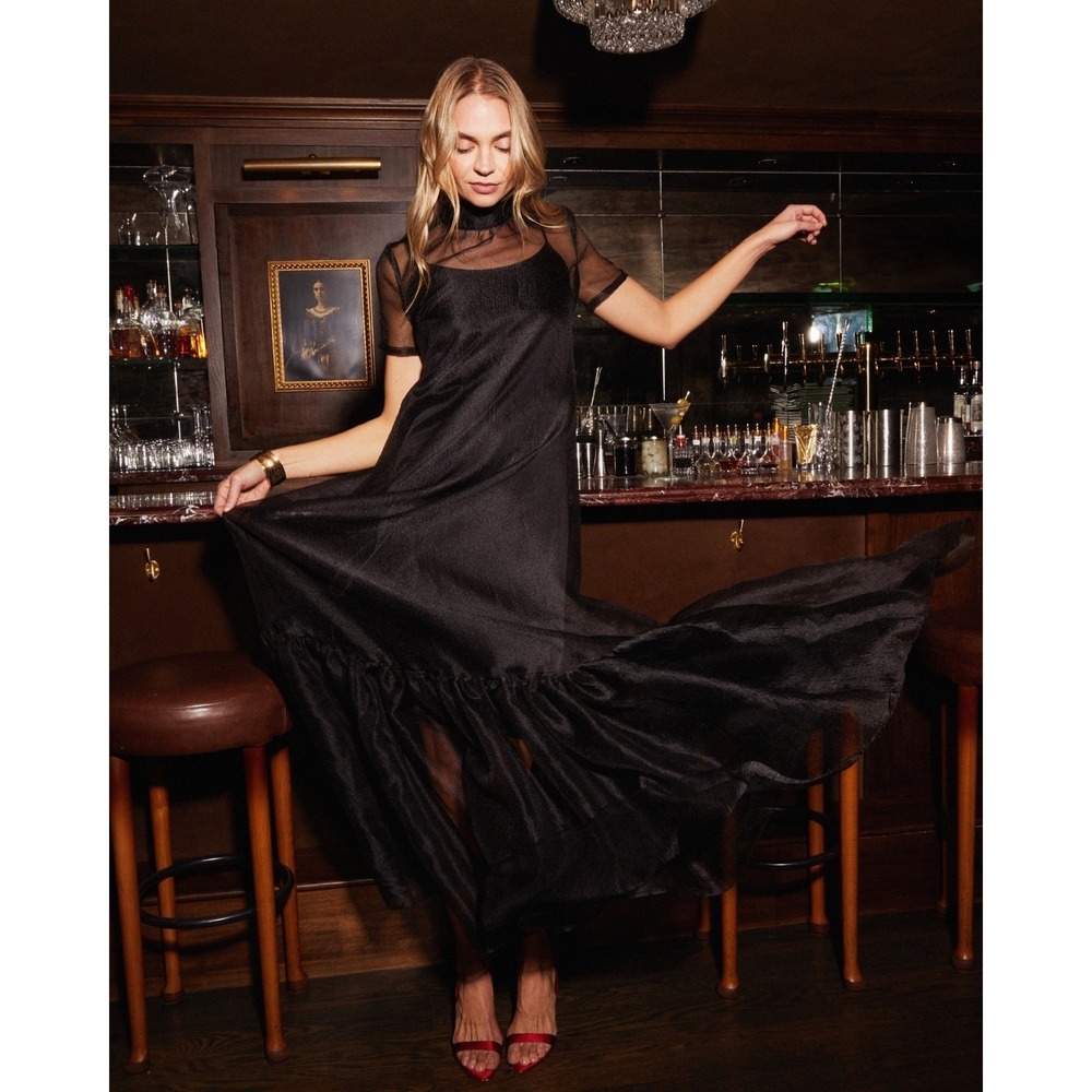 NWT CAARA Melody High Neck Organza Tie Neck Tiered Hem Dress Black - Size Large - Picture 2 of 12